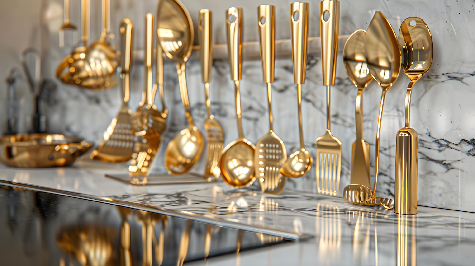 Interior of culinary atelier with brass tools and marble counters